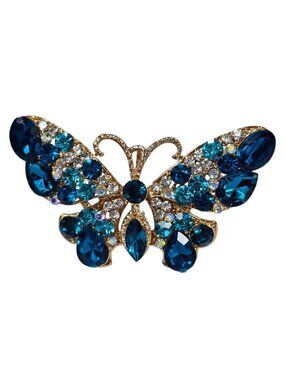 Blue Rhinestone Butterfly Brooch Pin Gold Tone Costume Jewelry VTG